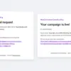 Two crowdfunding emails side by side, a payout request sent to the store admin and a campaign approved message sent to the creator