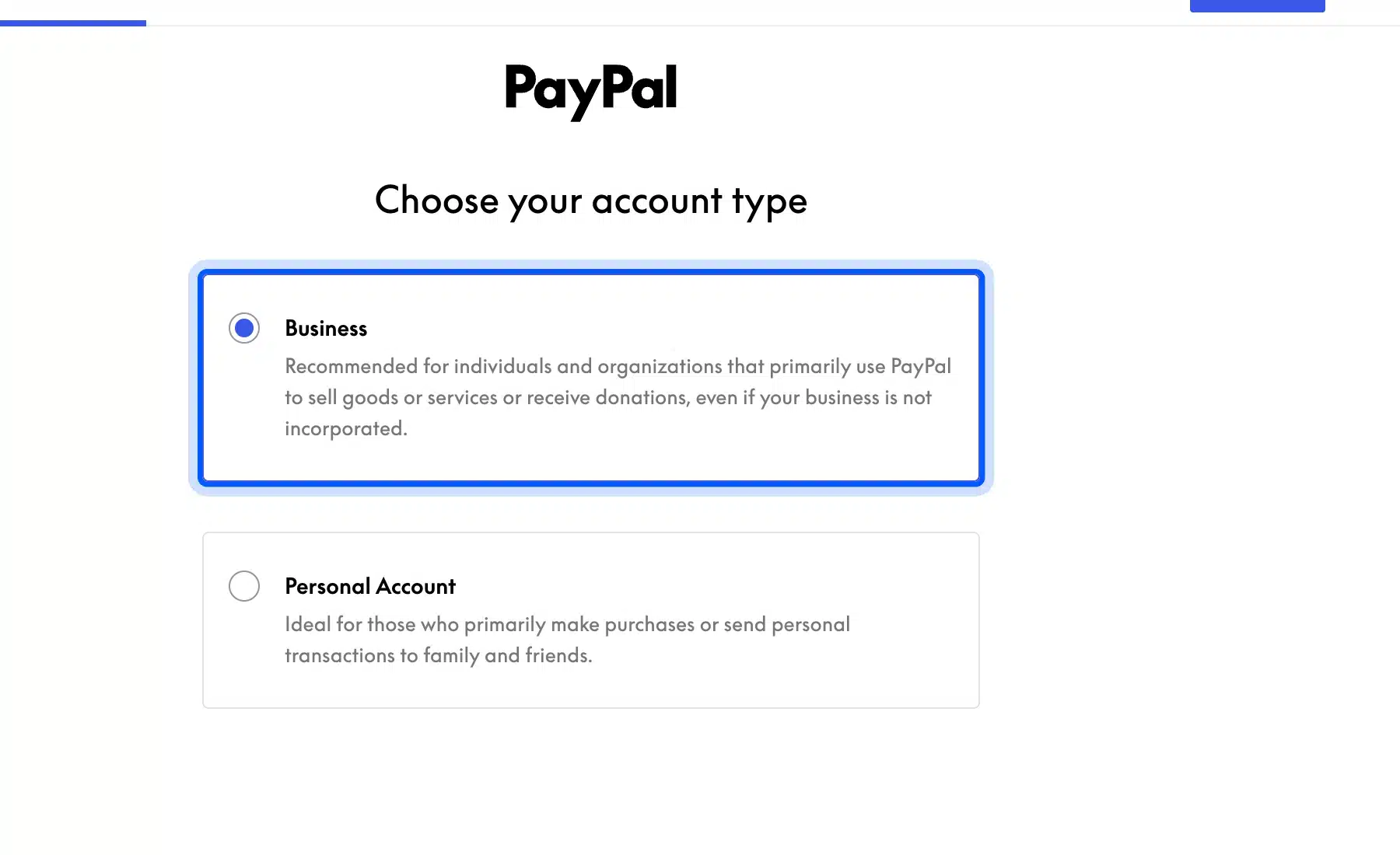 Choose Business account type in the PayPal Payments setup wizard