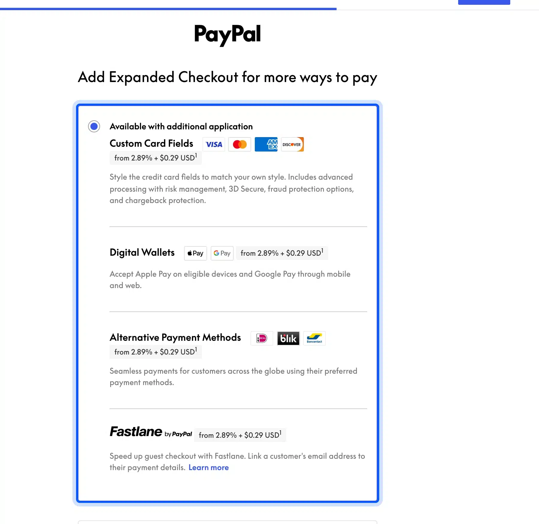 PayPal Payments checkout options screen in WooCommerce