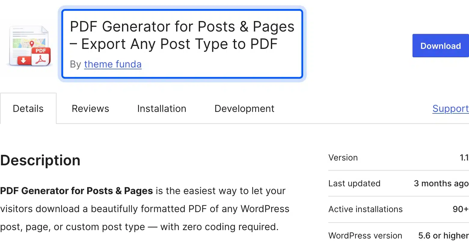 PDF Generator for Posts and Pages plugin listing on WordPress.org