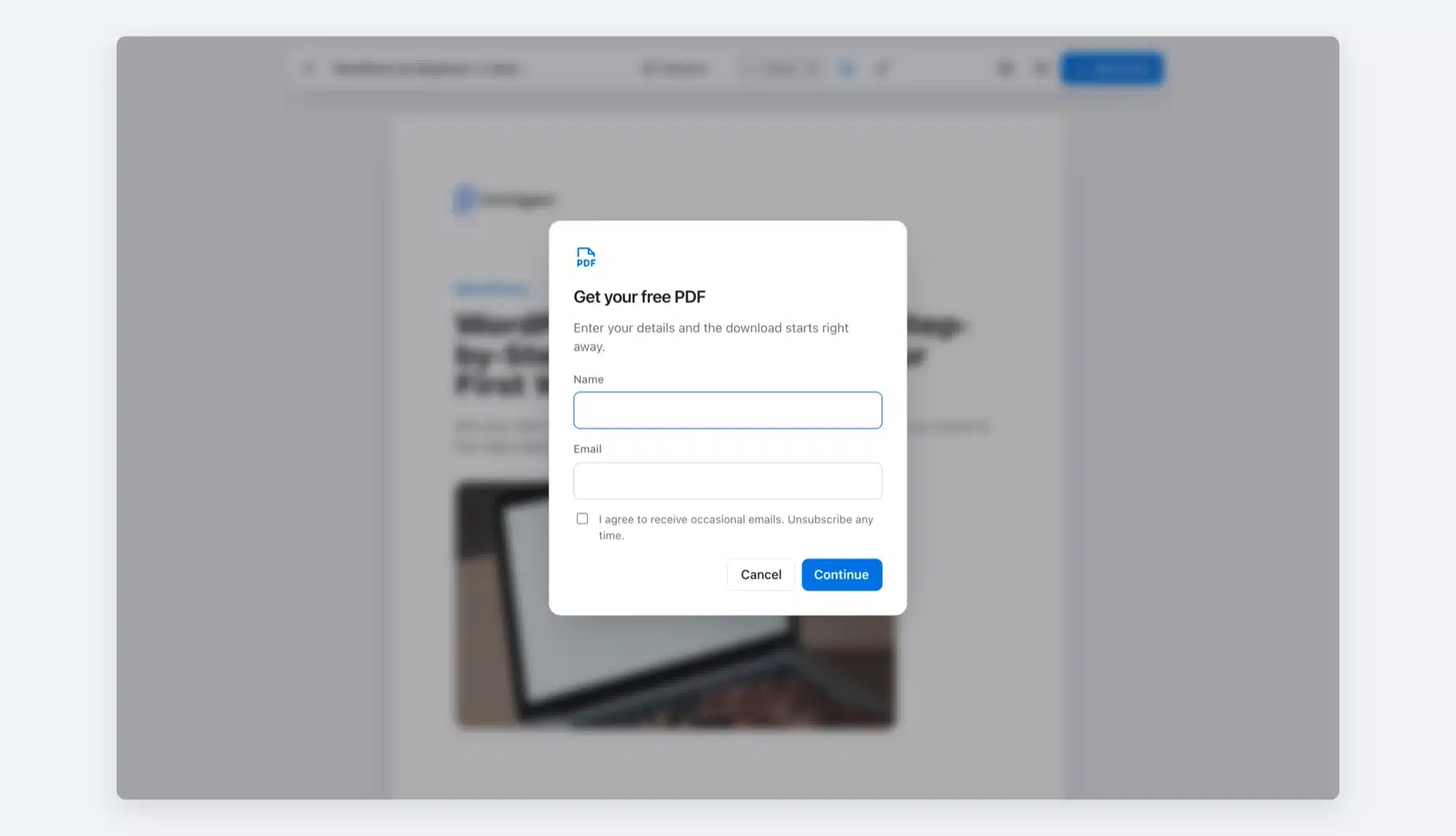 WordPress blog to PDF lead form asking for name and email before the download