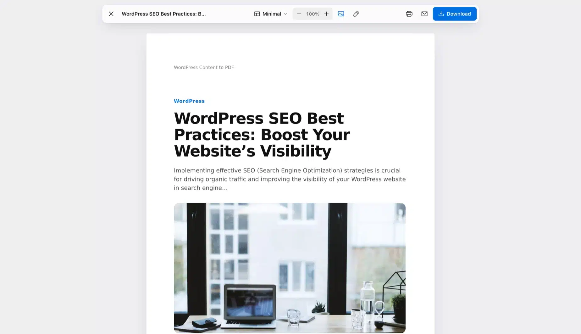 WordPress blog to PDF reader preview with a toolbar for template and text size