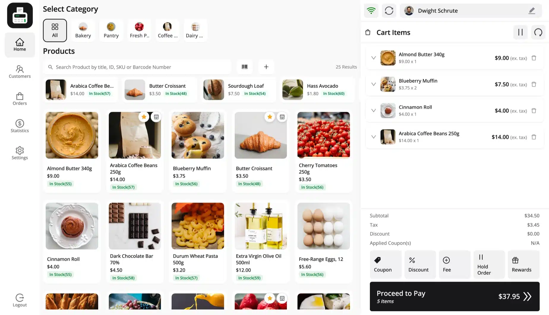 WooCommerce POS plugin register with category tabs, a product grid with stock counts and a cart