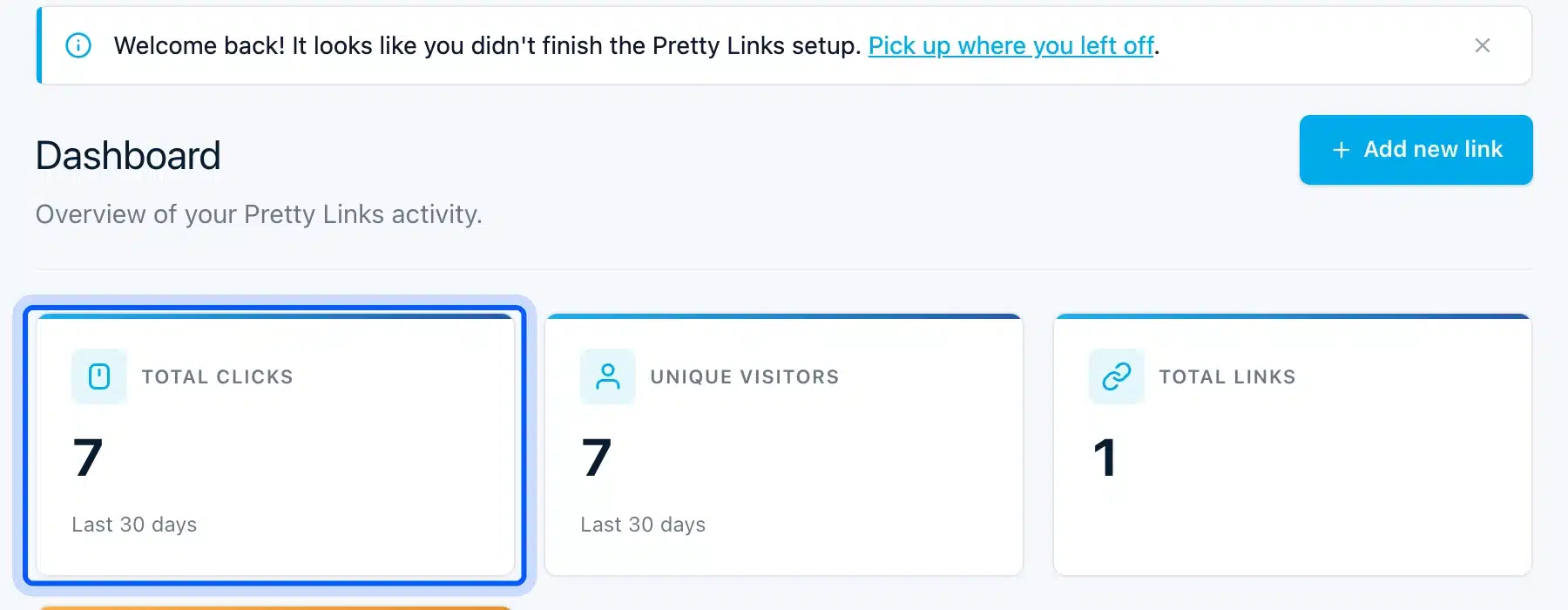 Pretty Links dashboard showing seven total clicks