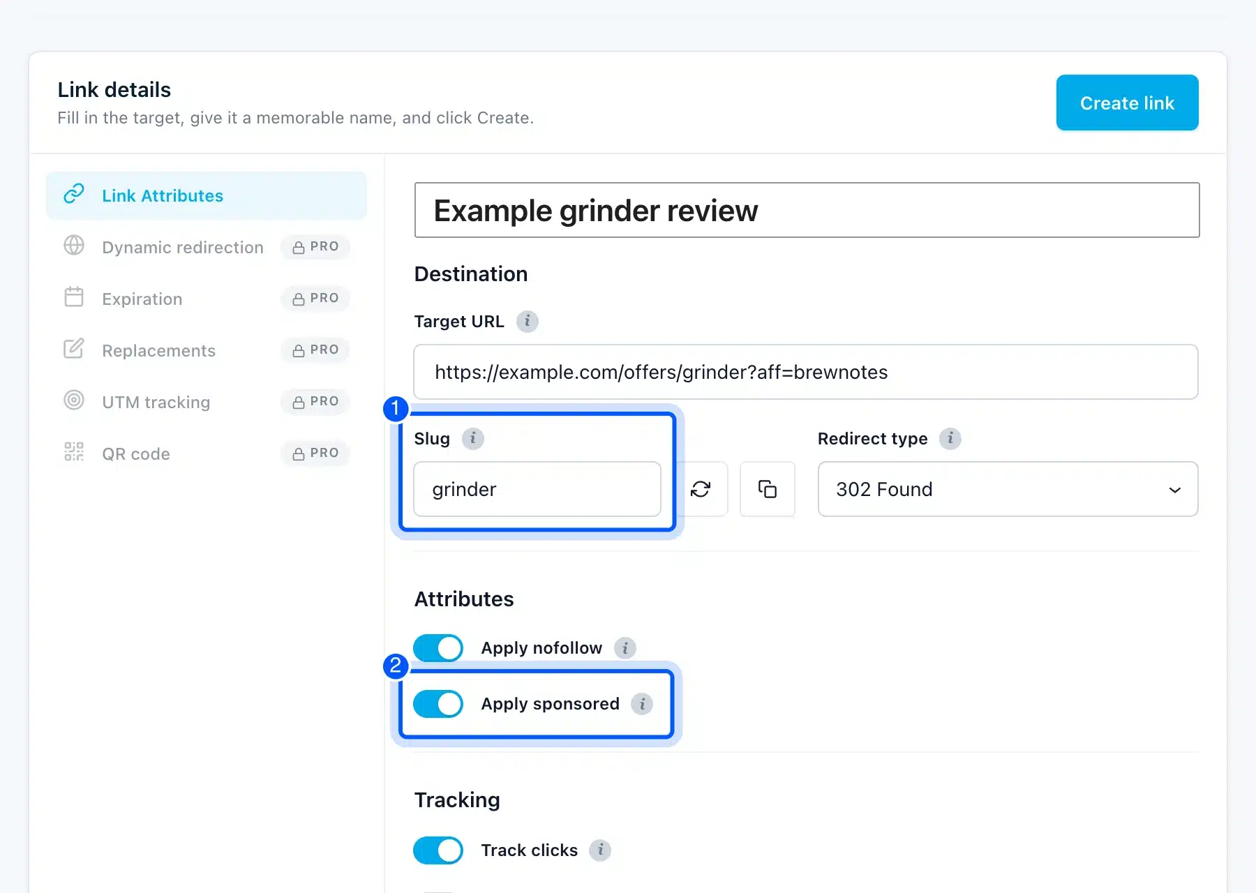 Slug and sponsored toggle in the Pretty Links Add New Link form