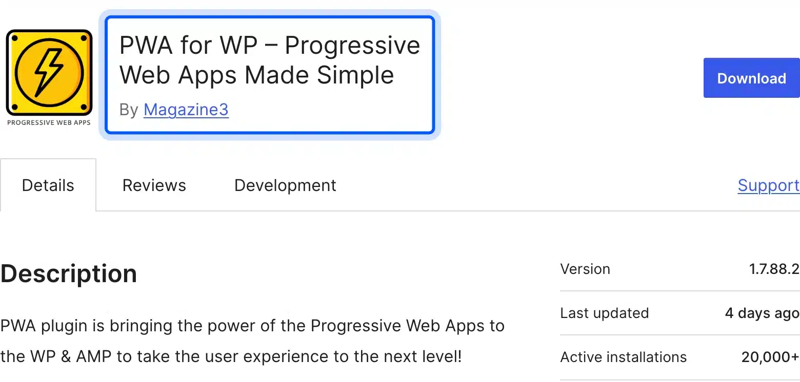 PWA for WP plugin listing on WordPress.org