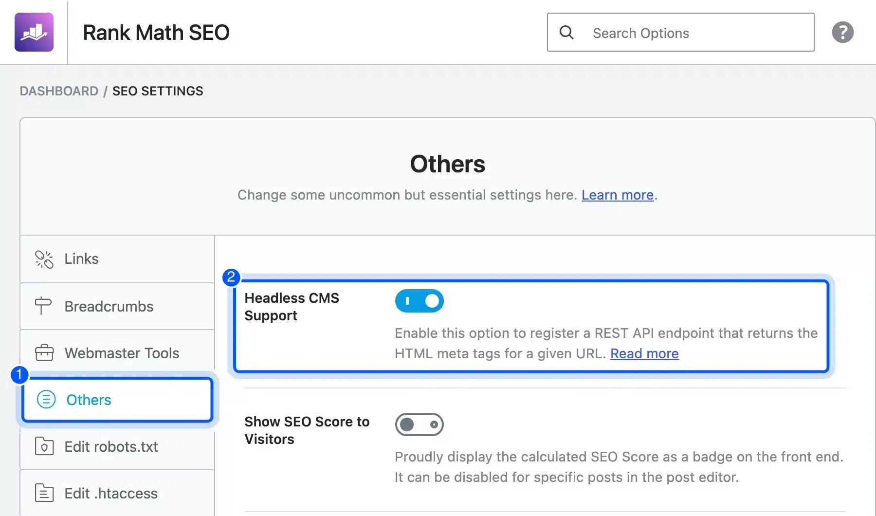 Rank Math Headless CMS Support setting in the Others tab