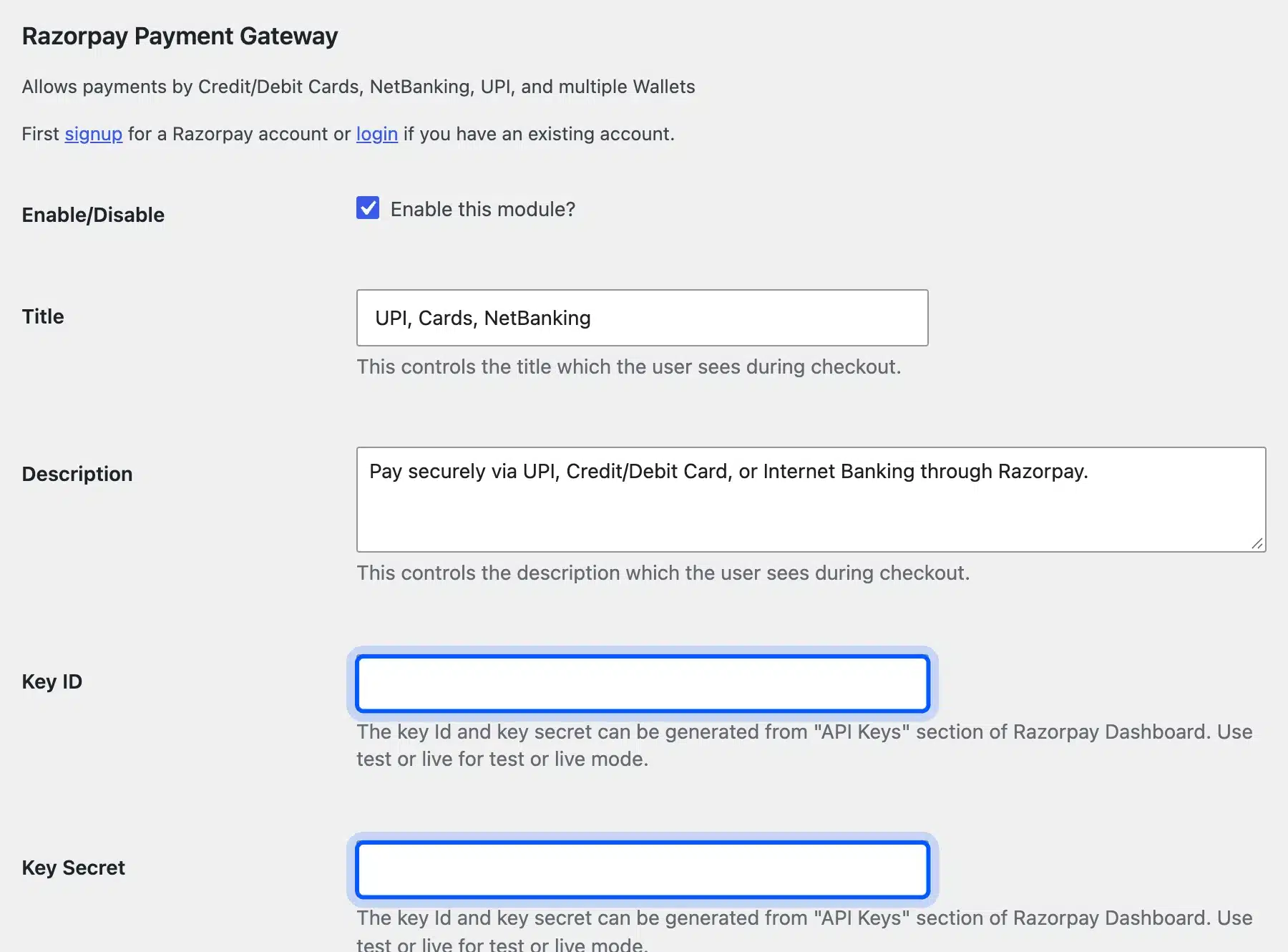 Razorpay for WooCommerce settings with the Key ID and Key Secret fields