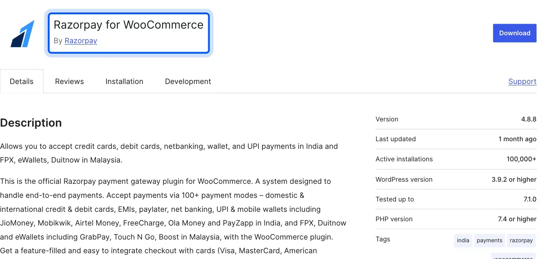 Razorpay for WooCommerce plugin listing on WordPress.org
