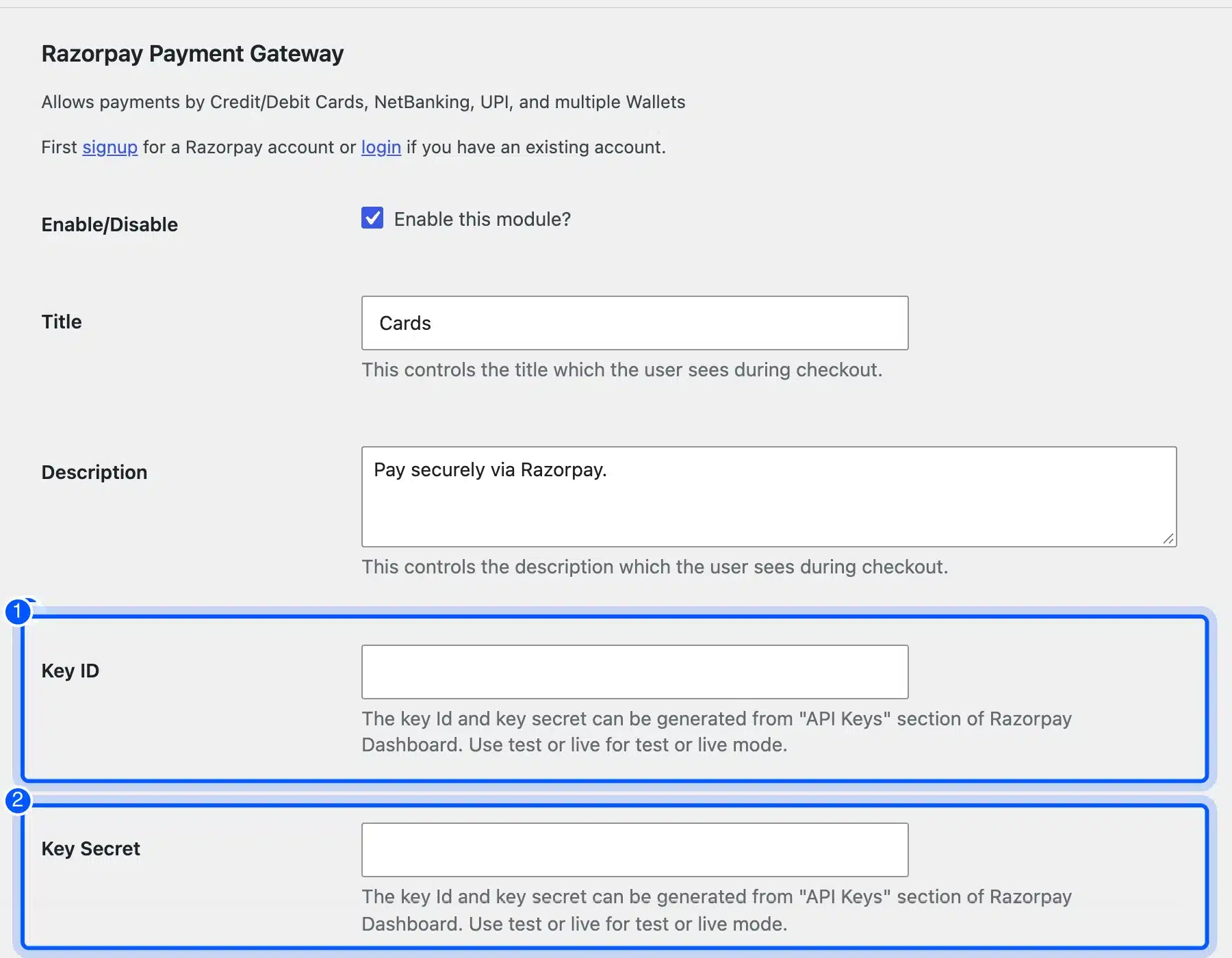 Razorpay WooCommerce plugin API key settings