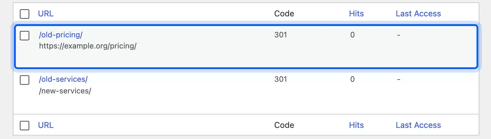 Redirection list with a redirect to an external URL