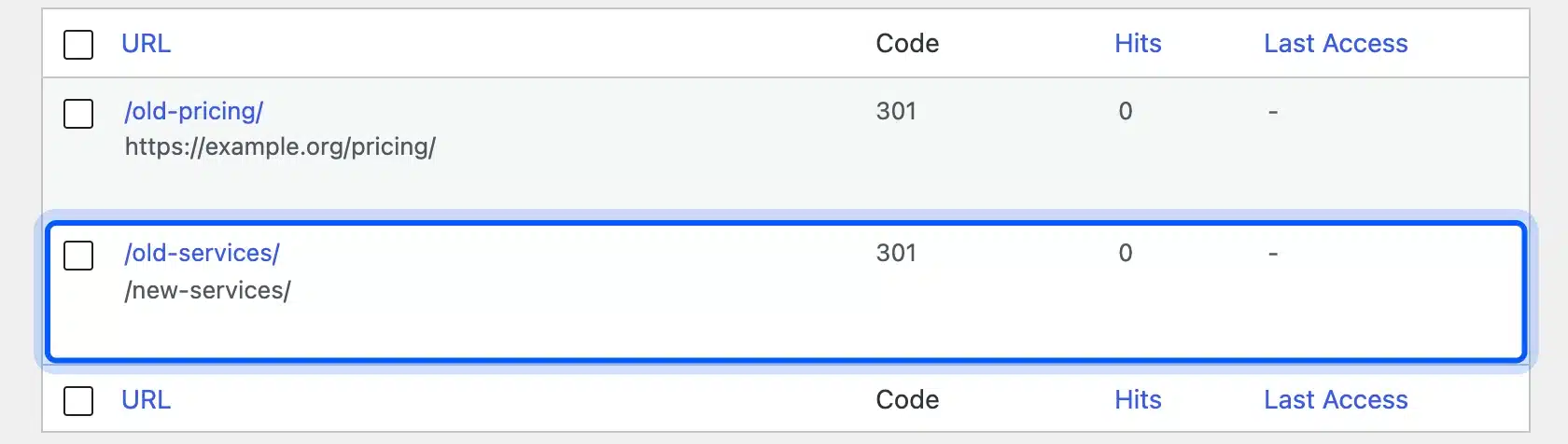 Redirection list showing a 301 redirect from an old URL to a new URL
