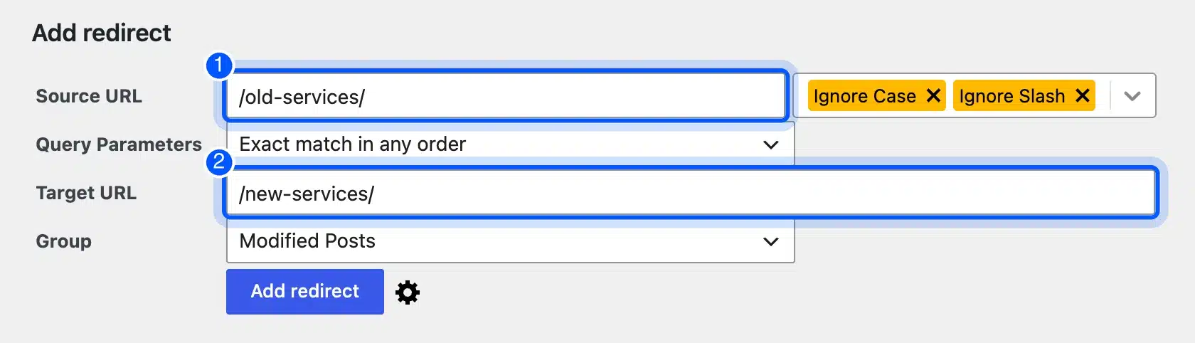 Source URL and Target URL fields in the Redirection plugin