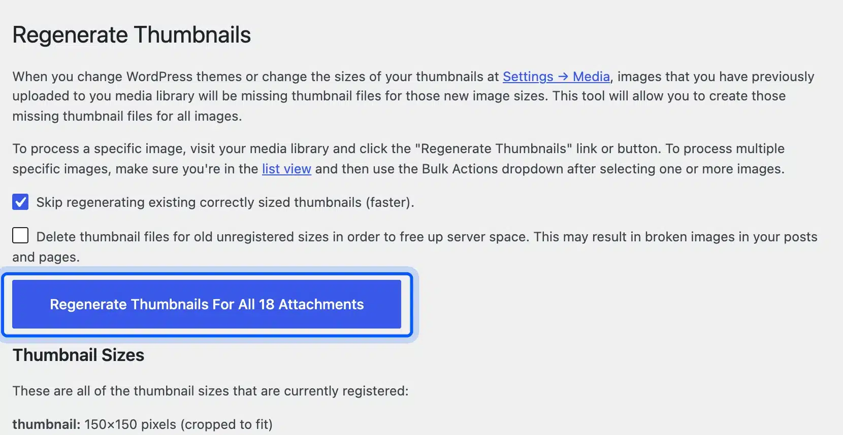 Regenerate Thumbnails tool with the Regenerate button