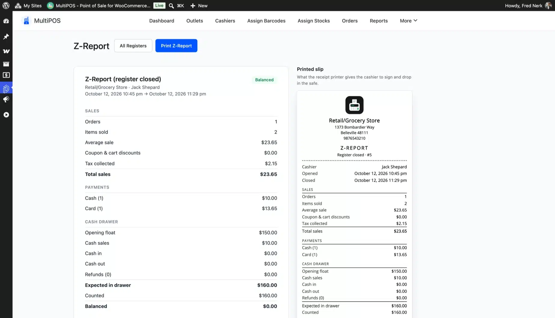 MultiPOS register close Z-report with cash counted against expected and payments by method