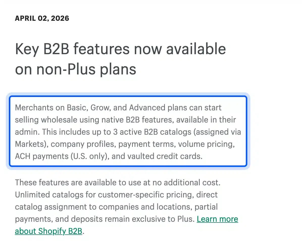 Shopify changelog on B2B features for Basic, Grow and Advanced