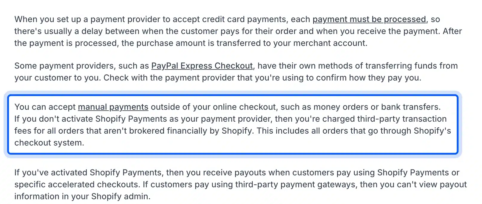 Shopify help page on third-party transaction fees