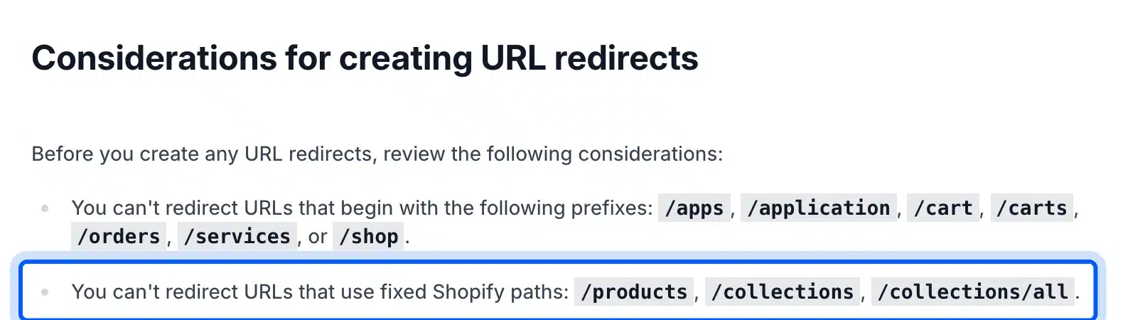 Shopify help page listing fixed URL paths that cannot be redirected