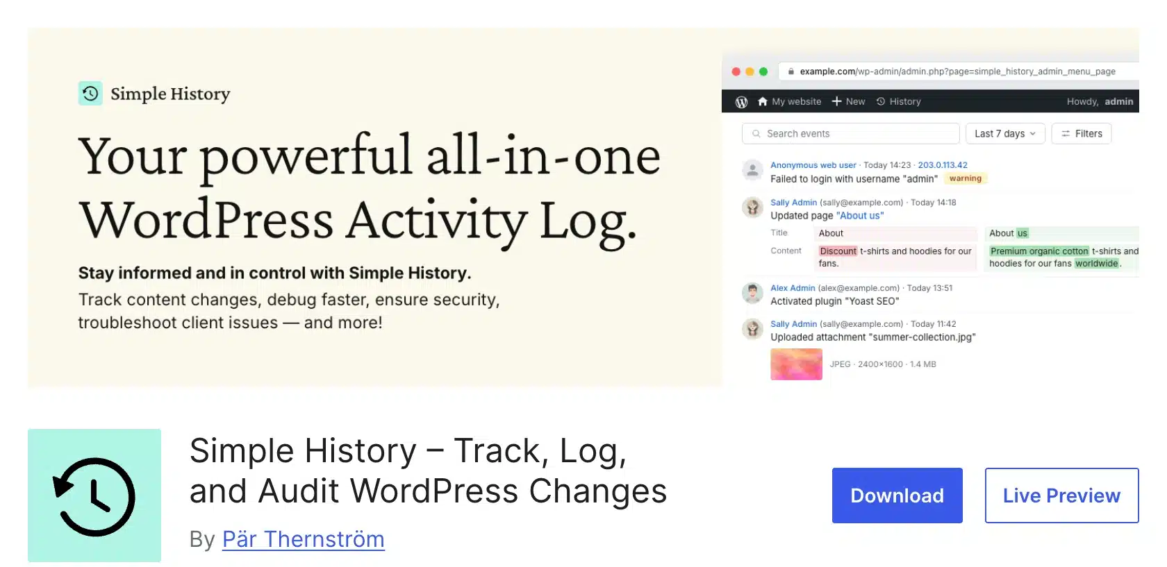 Simple History plugin listing on WordPress.org