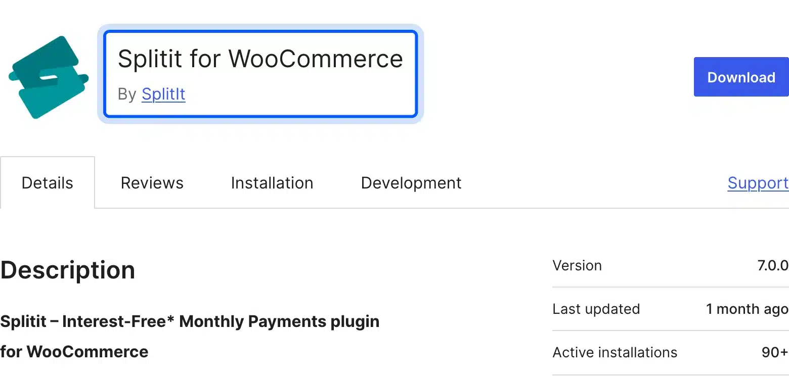 Splitit for WooCommerce plugin listing on WordPress.org