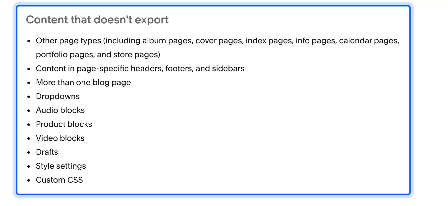 Squarespace export article listing which content moves to WordPress