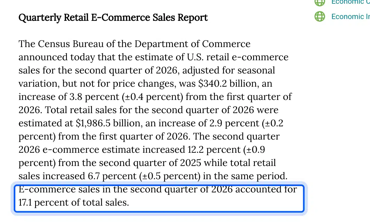 Census Bureau report of US e-commerce at 17.1 percent of retail sales in Q2 2026