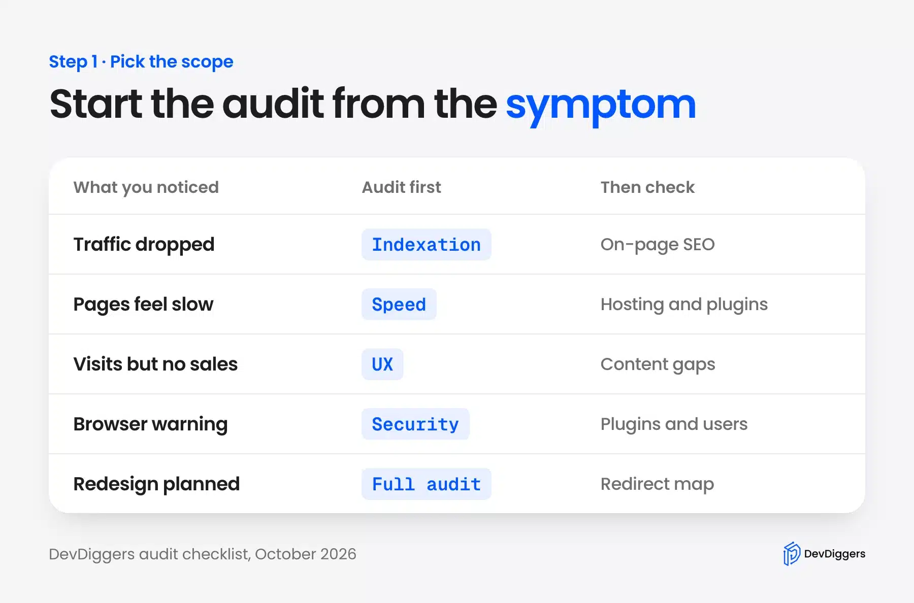 Website audit scope chosen by the symptom you noticed