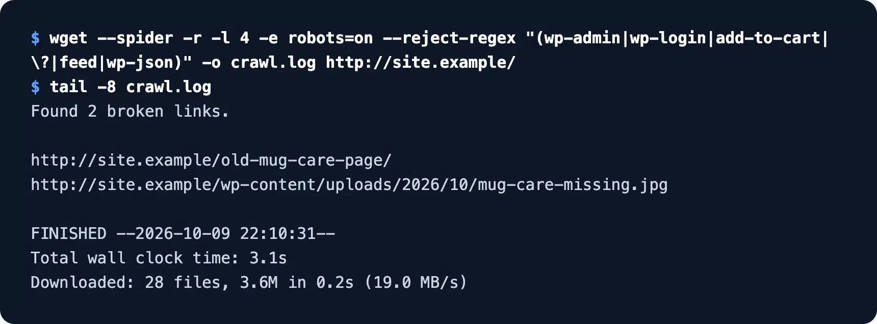 Broken links found by a wget spider crawl on a WordPress site