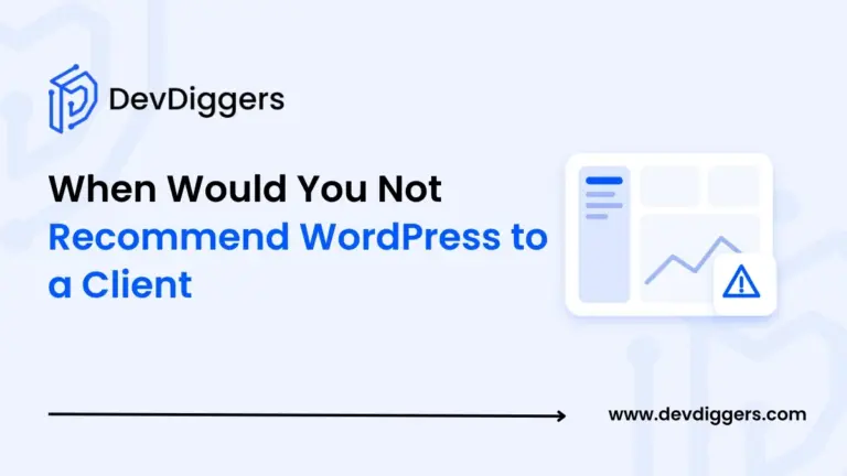 Flat dashboard icon with a warning sign beside the title When Would You Not Recommend WordPress to a Client