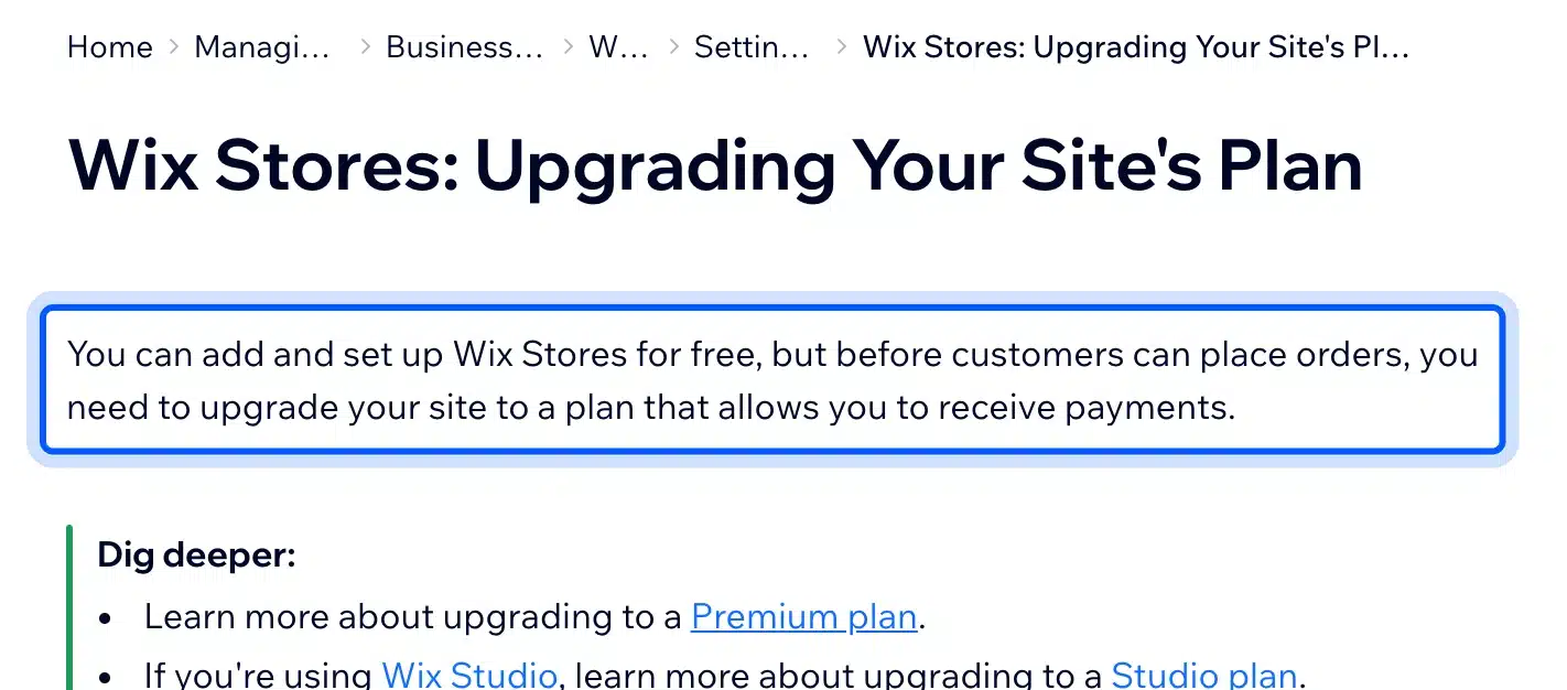 Wix Stores help article on upgrading to accept payments