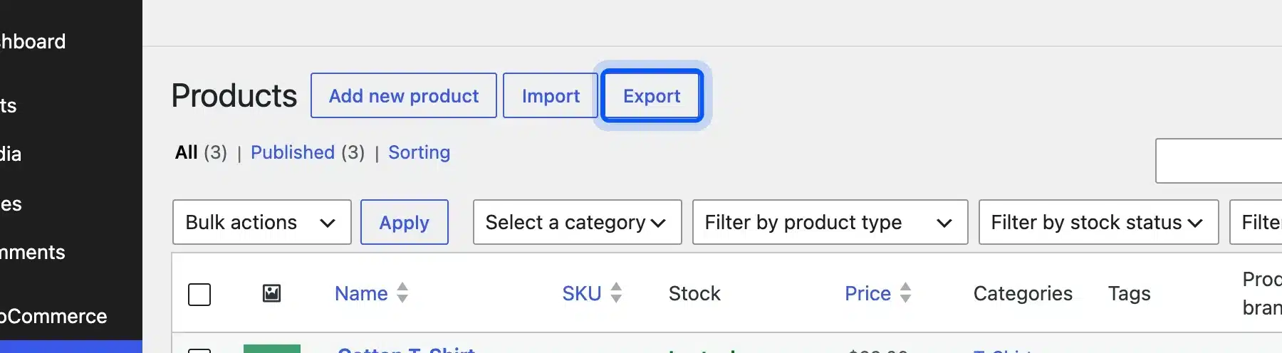 How to export WooCommerce products from the All Products screen