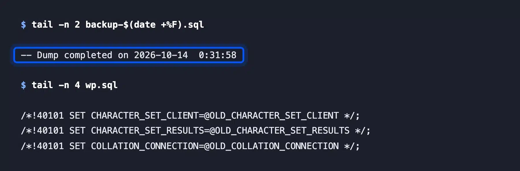 Last lines of a WooCommerce database dump file