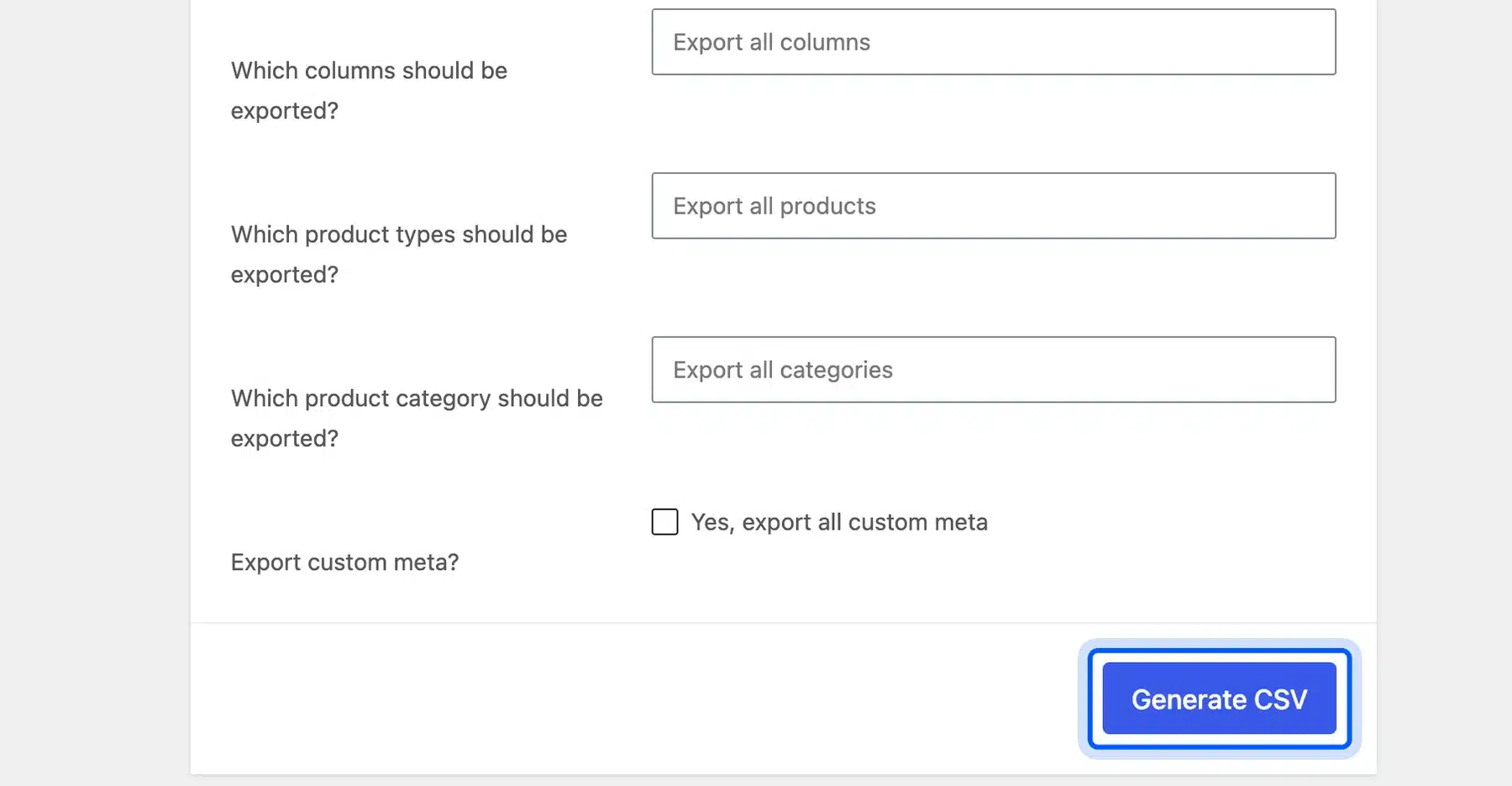 Generate CSV button on the WooCommerce export screen