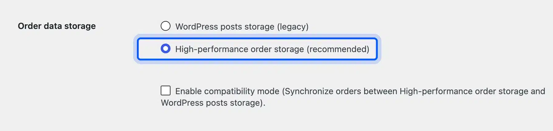Order data storage setting on the WooCommerce Features screen