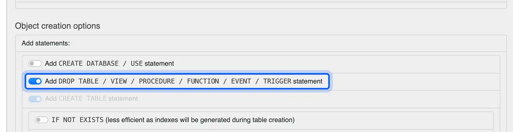DROP TABLE option in the phpMyAdmin export screen