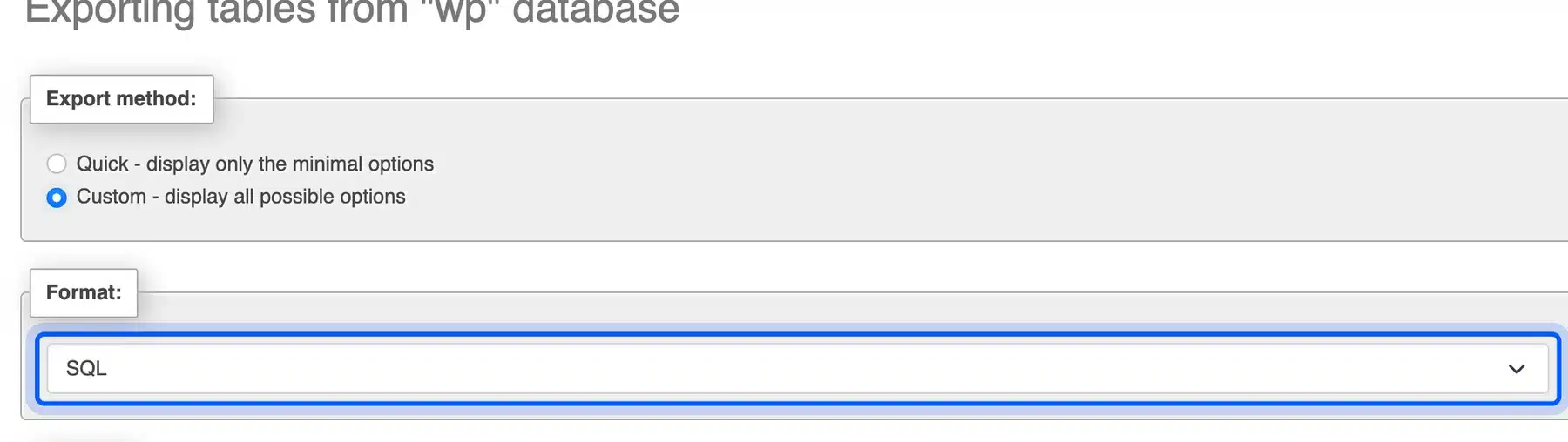 Custom export method with SQL format in phpMyAdmin