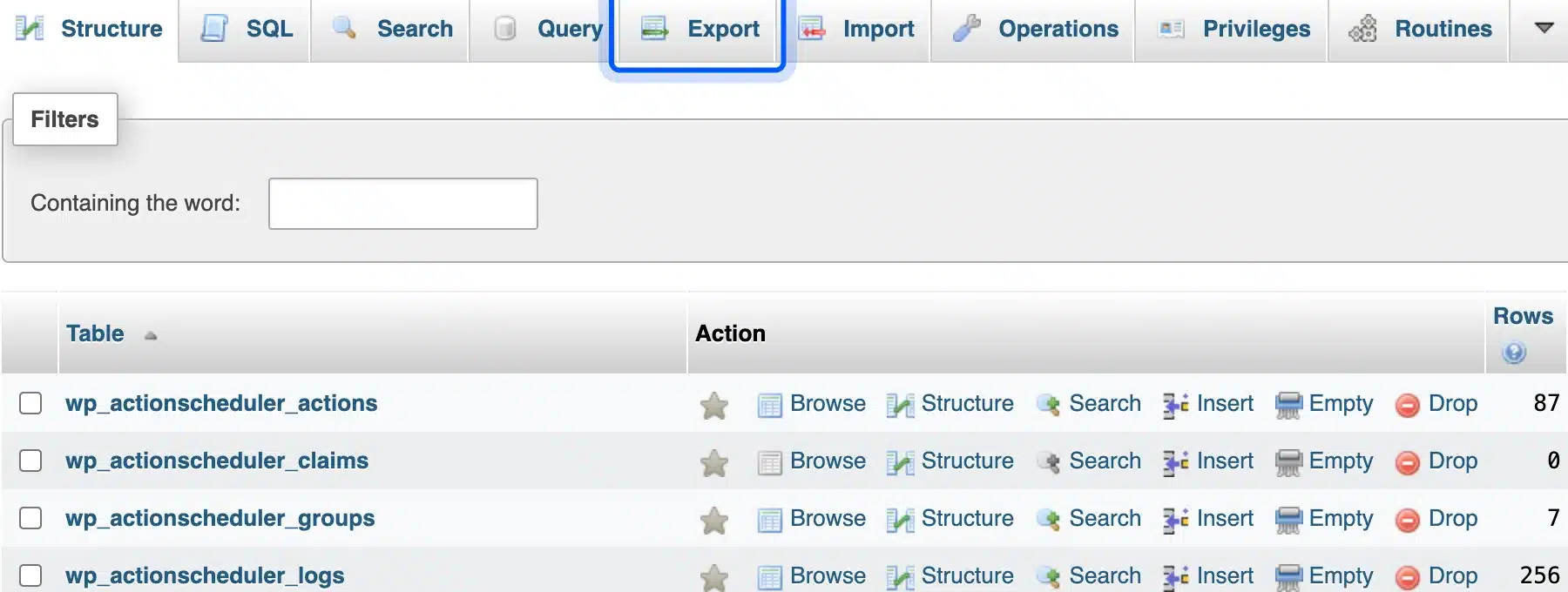 Export tab on the phpMyAdmin database screen