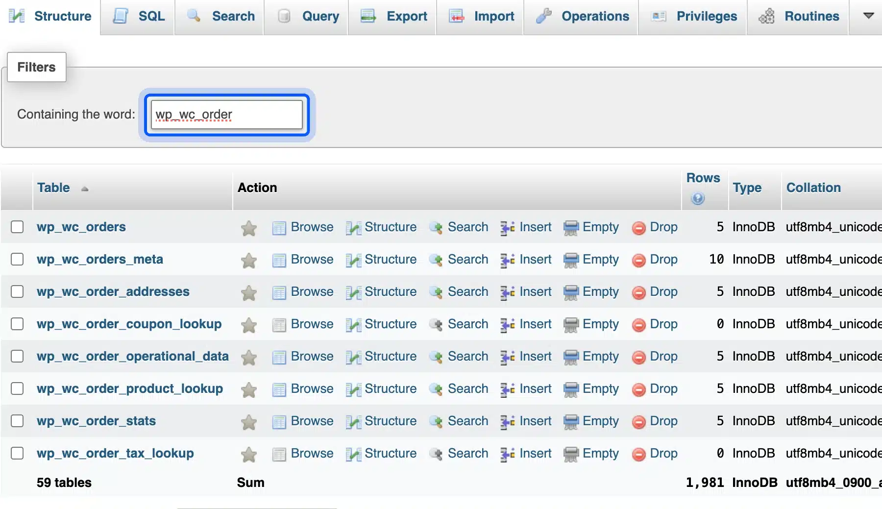 WooCommerce order tables in phpMyAdmin with row counts
