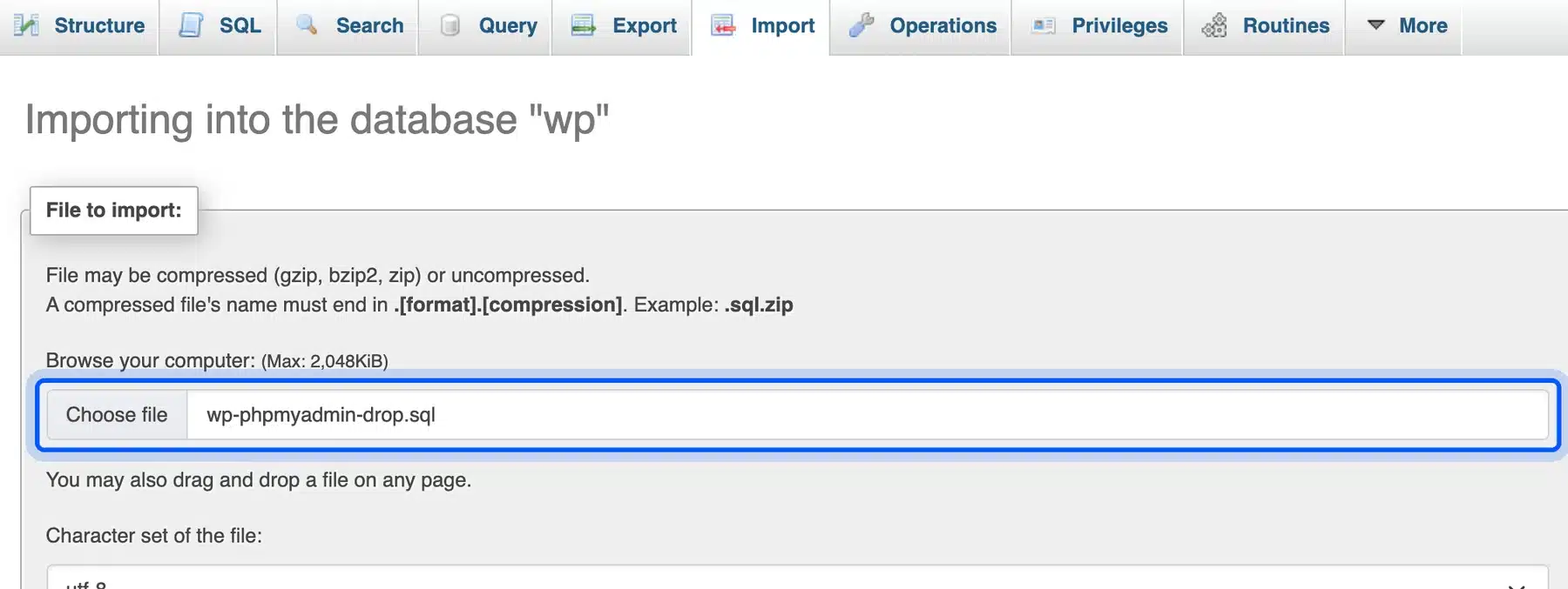 SQL file selected on the phpMyAdmin Import tab