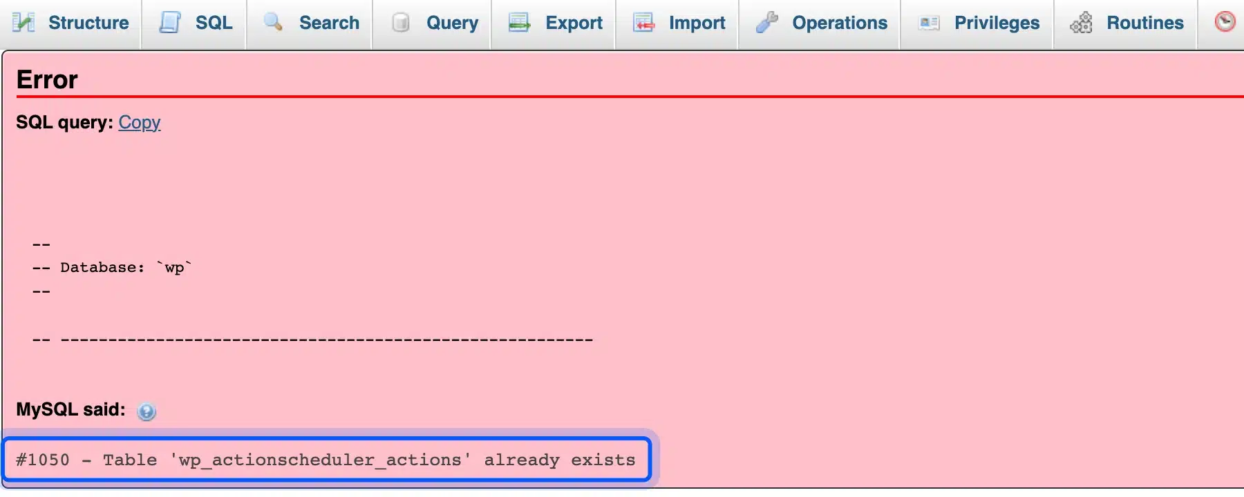 Import error in phpMyAdmin for a table that already exists