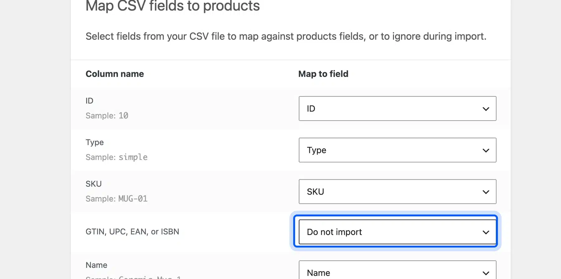 Column mapping screen of the WooCommerce product importer