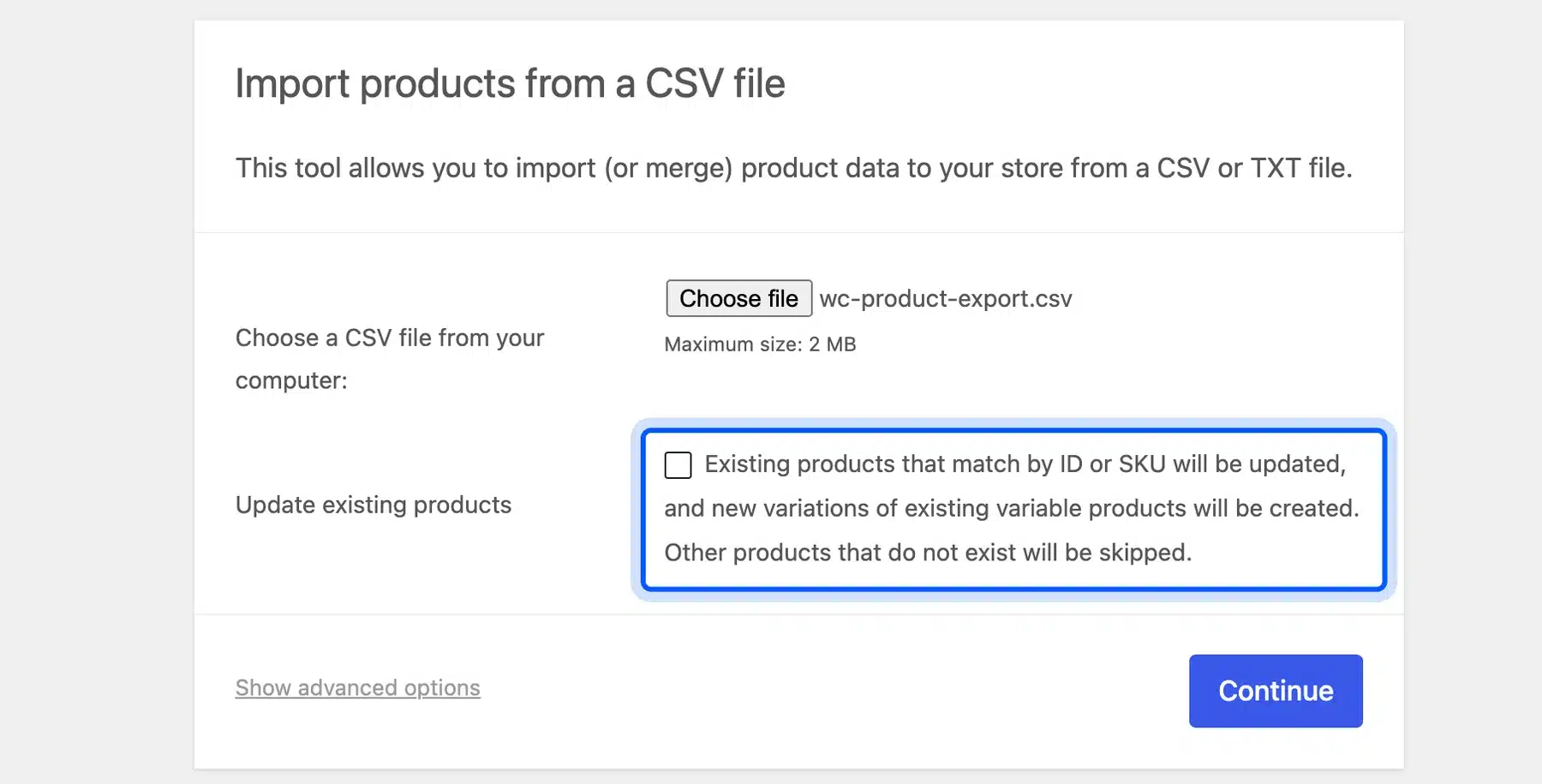 Update existing products option on the product import screen