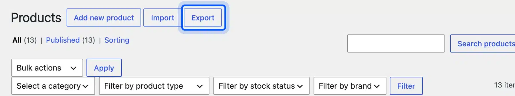 Export button on the WooCommerce Products screen