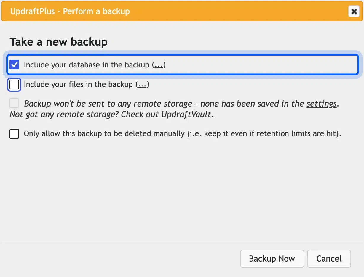 Database-only backup dialog in UpdraftPlus