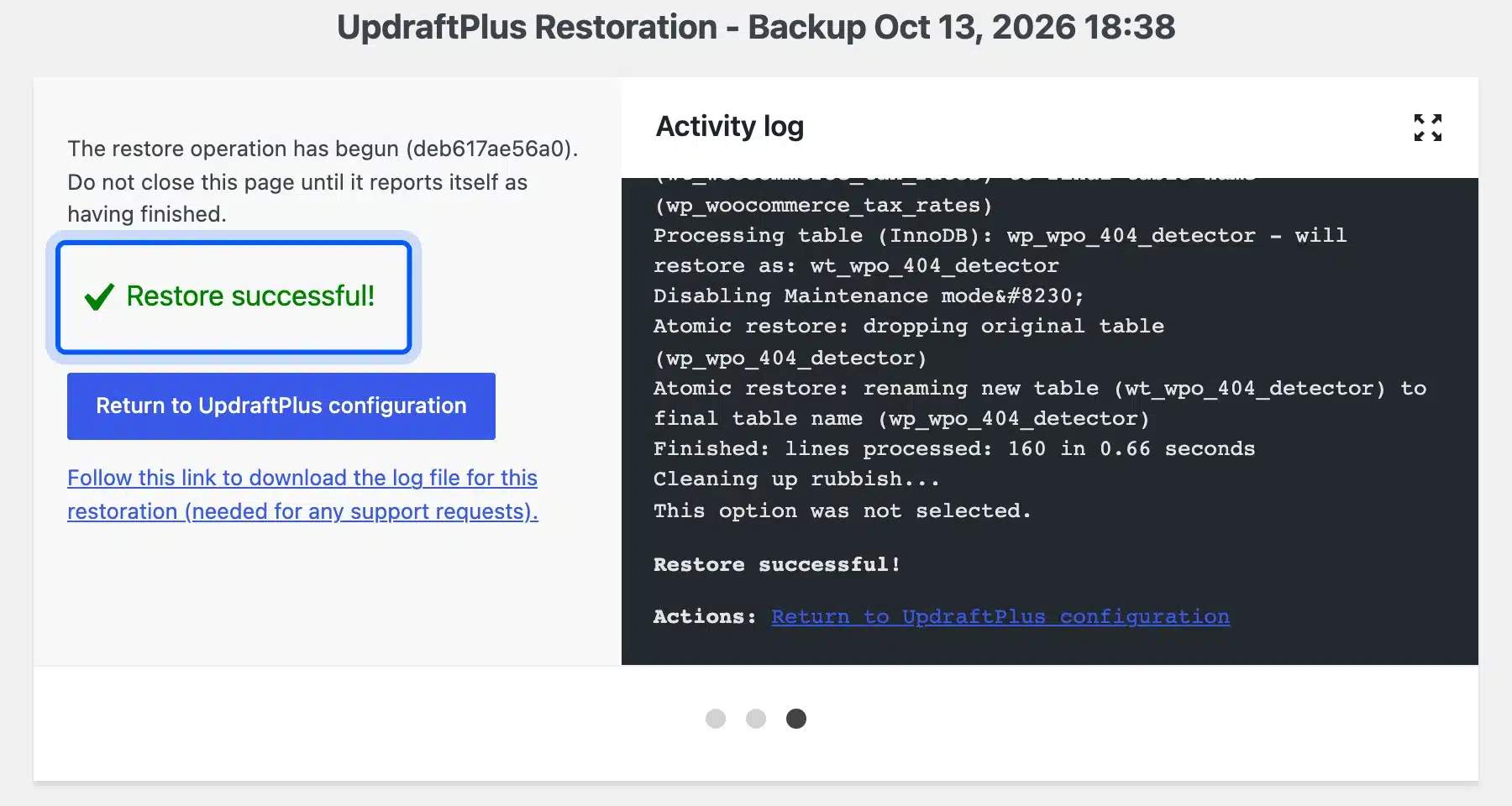 Restore successful message in UpdraftPlus