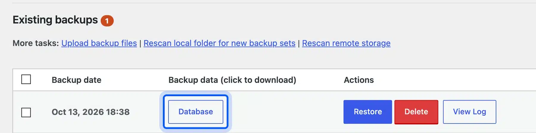 Finished database backup in the UpdraftPlus backup list
