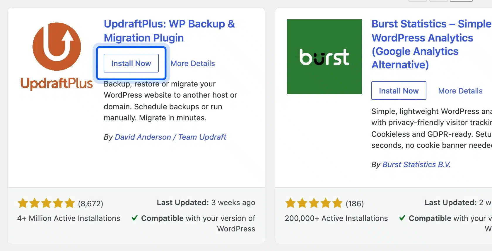 UpdraftPlus plugin card on the WordPress Add Plugins screen