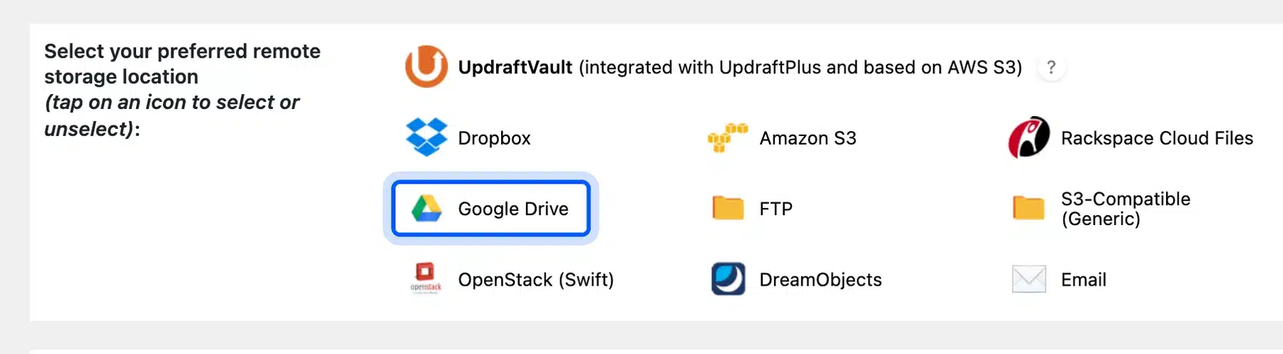 Remote storage options in UpdraftPlus settings