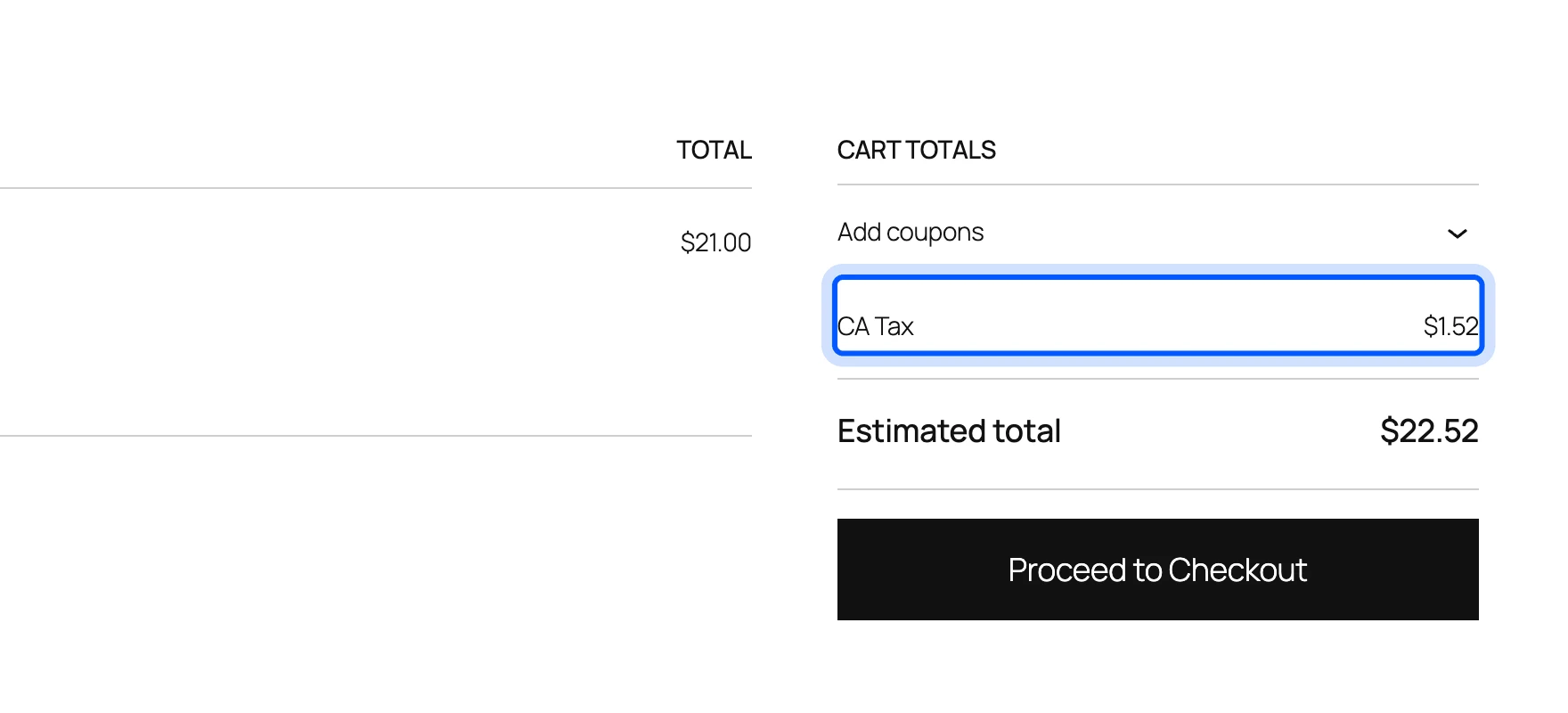 WooCommerce cart showing the tax line after the fix