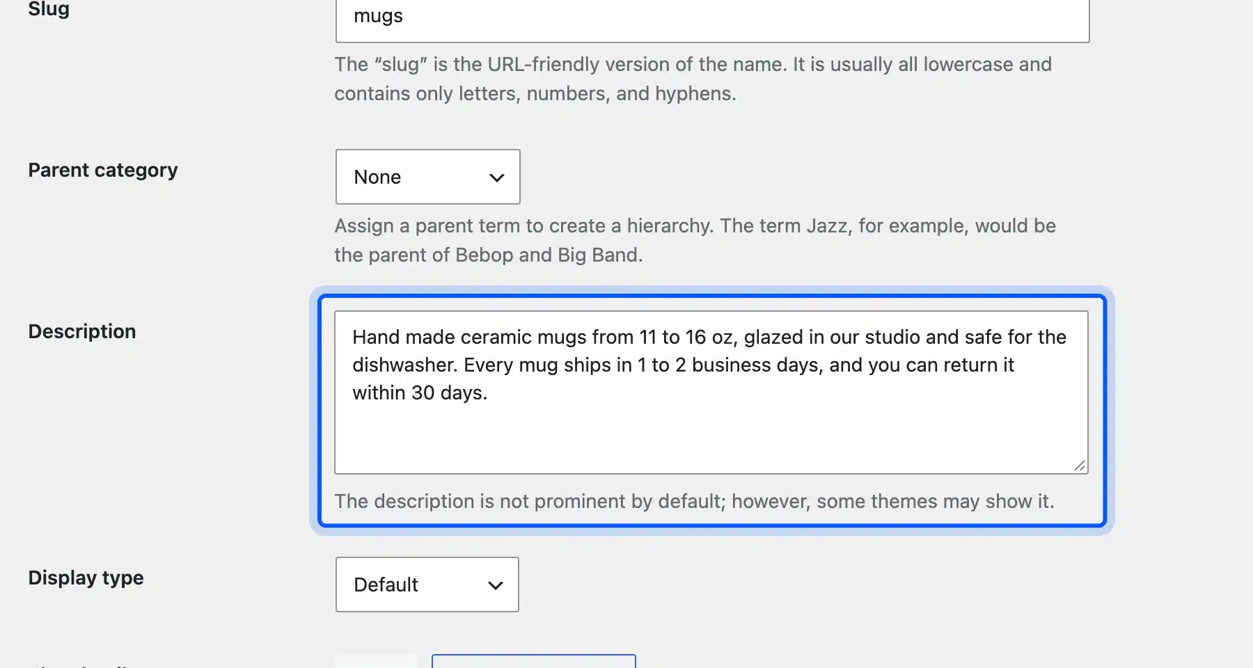 WooCommerce product category Description field